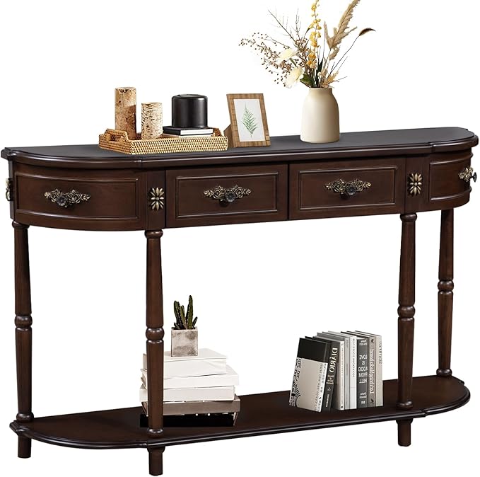 HMFULE Retro Curved Console Table, 52" Half Moon Console Table Sofa Table Entryway Table with 2 Drawers 1 Open Shelf Solid Pine Legs for Living Room,Entryway,Hallway,Espresso