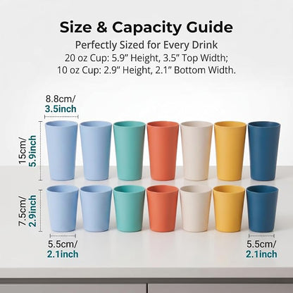12 Pack Premium Wheat Straw Cups, 6 Pcs 20 oz & 6 Pcs 10 oz Unbreakable Drinking Cups, Alternative to Plastic Cups Sets, Reusable Water Glasses Tumbler, Microwave & Dishwasher Safe, Bpa Free, 6 Colors