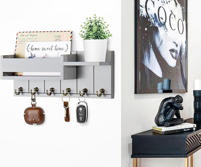 Key Holder Wall Mount - Key Hooks for Wall Decor Living Room - Wooden Key Hanger Rack and Mail Organizer with Shelf for Home Essentials - Modern Entryway House Decor Aesthetic