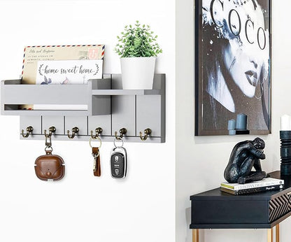Key Holder Wall Mount - Key Hooks for Wall Decor Living Room - Wooden Key Hanger Rack and Mail Organizer with Shelf for Home Essentials - Modern Entryway House Decor Aesthetic