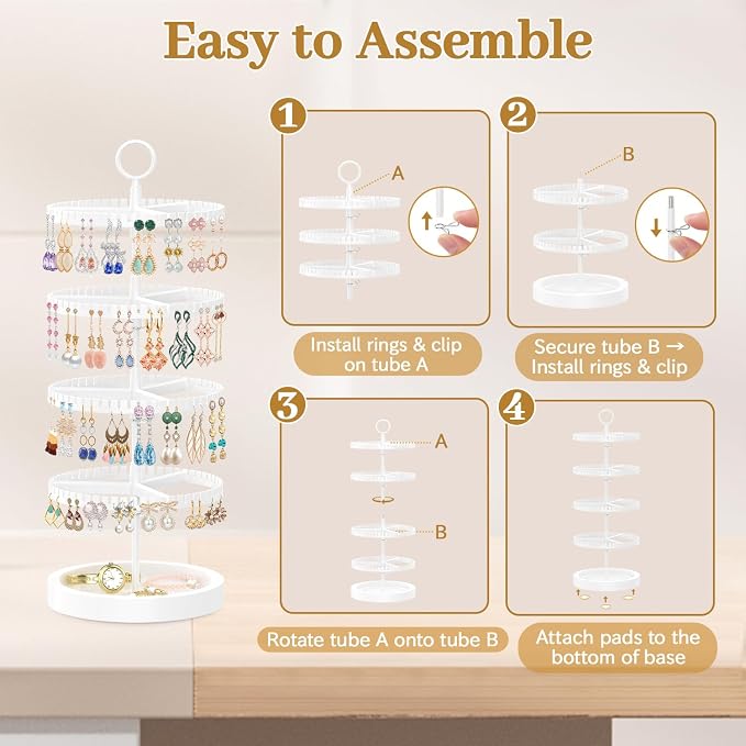MODOWEY 4 Tier Rotating Earring Holder Organizer Display Tree with Wooden Tray, Adjustable Plastic Stand with 228 Slots for Stud Hoop Hanger, Large Capacity Storage Rack for Women Space Saving, White