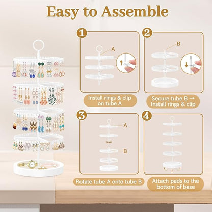 MODOWEY 4 Tier Rotating Earring Holder Organizer Display Tree with Wooden Tray, Adjustable Plastic Stand with 228 Slots for Stud Hoop Hanger, Large Capacity Storage Rack for Women Space Saving, White