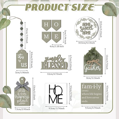 11 Pcs Home Tiered Tray Decor Spring Rustic Farmhouse Tiered Tray Decorations Set Sage Green Wooden Home Sign Vintage Farm Animal Farmhouse Tabletop Wood Sign for Kitchen Table Shelf Decor