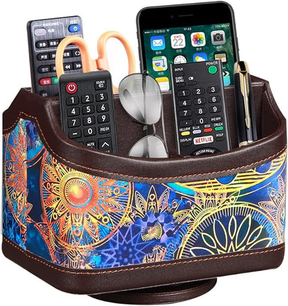 PUSU 360°Rotatable Remote Control Holder, PU Leather TV Remote Holder Caddy for Table, Bright and Colorful Art Supply Organizer Pen Holder, Multi-Functional Desk Organizer Living Room Office Decor