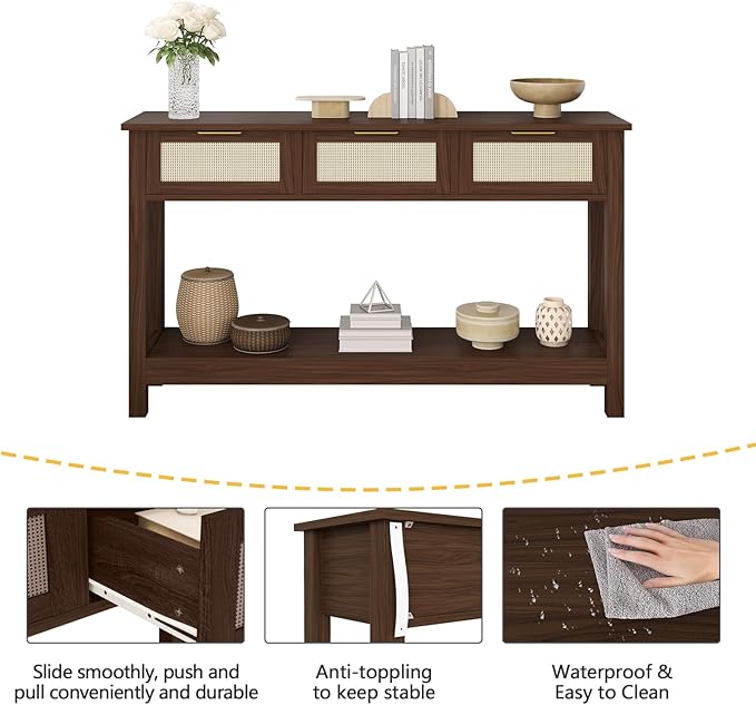 Luoxiao Console Table for Entryway with 3 Rattan Drawers Boho Entry Table with Storage Open Shelf, Narrow Long Sofa Tables for Living Room, Hallway, Foyer, Couch, Front Door, Walnut, 47 Inch