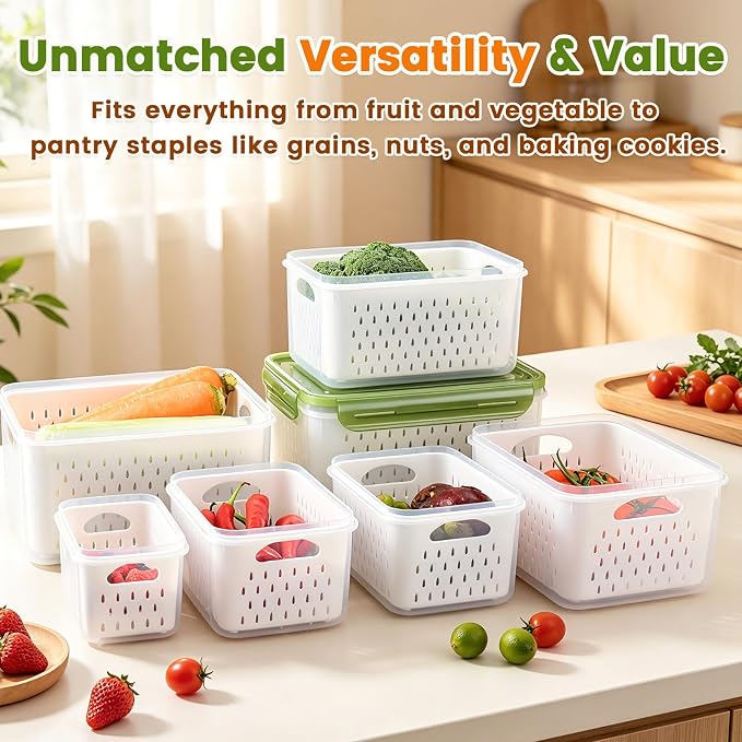 TBMax 8 Pieces Airtight Fruit Storage Containers for Fridge with Air Circulation Vent, 4 Pack Produce Saver with Colander for Berry Lettuce Salad Vegetable Storage, Refrigerator Organizers