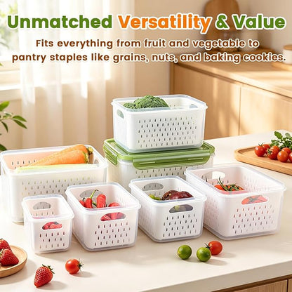 TBMax 8 Pieces Airtight Fruit Storage Containers for Fridge with Air Circulation Vent, 4 Pack Produce Saver with Colander for Berry Lettuce Salad Vegetable Storage, Refrigerator Organizers
