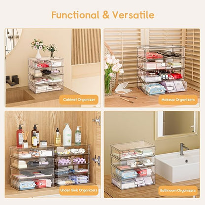 2 Pack Clear Makeup Storage Drawer, 12''W Stackable Bathroom Organizers and Storage Drawer, Acrylic Cosmetic Display Case For Vanity, Undersink, Cabinets, Desk Organizer