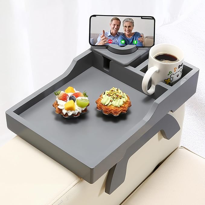 Couch Arm Table Tray, 15.3" x 9.8" Large Bamboo Couch Arerest Table for Cup Holder, Adjustable Sofa Arm Clip Tray Table with Rotated Phone Holder
