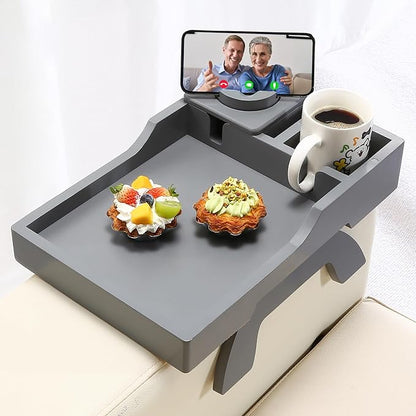 Couch Arm Table Tray, 15.3" x 9.8" Large Bamboo Couch Arerest Table for Cup Holder, Adjustable Sofa Arm Clip Tray Table with Rotated Phone Holder