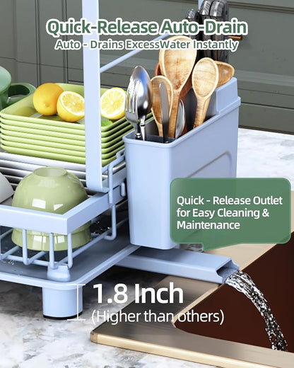 Dish Drying Rack 2-Tier Dish Racks with Drainboard, Rustproof, Space-Saving Dish Rack, Utensil & Cup Holder for Kitchen Counter, Blue