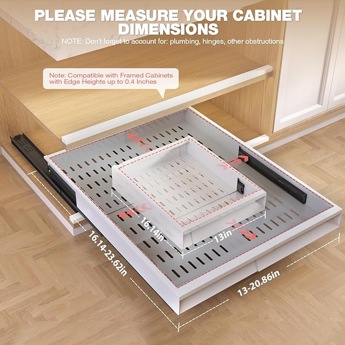 Seinloes Pull Out Cabinet Organizer, 4-Side Expandable to Fit Most Cabinets, 3 Rail Slide Out Drawers with Raising Pad for Framed & Frameless Cabinets, 13"-21" W x 17"-24" D, White, 4 Pack