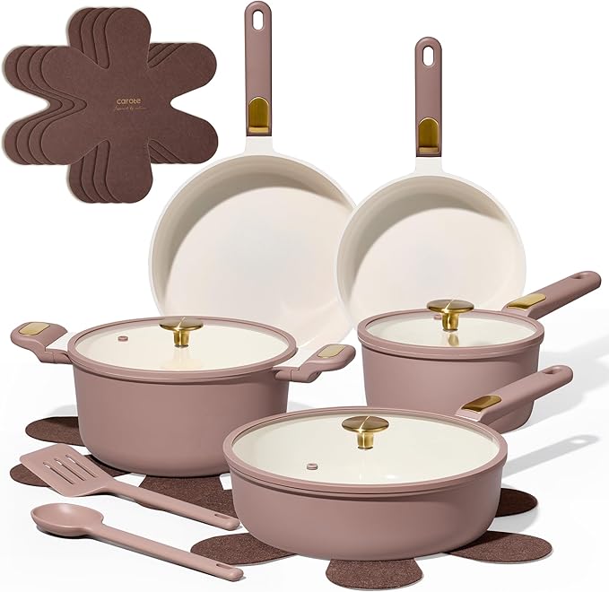 CAROTE Ceramic Cookware Set, Pots and Pans Set Non stick, 16-Piece Induction Cookware, Non toxic Healthy Non Stick Kitchen Cooking Set, with Frying Pans Set,Large Capacity Soup Pot, Pink