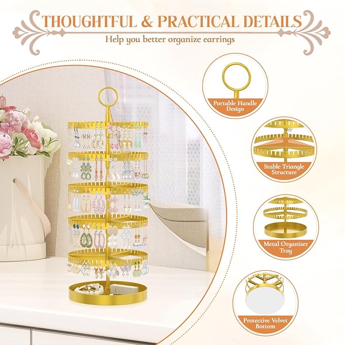 iDavosic.ly 5 Tier Rotating Earring Holder Organizer with Metal Tray, Adjustable Plastic Dangle Display Stands Tree with 285 Grooves, Large Hoop Storage Rack Tower, Gold