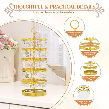 iDavosic.ly 5 Tier Rotating Earring Holder Organizer with Metal Tray, Adjustable Plastic Dangle Display Stands Tree with 285 Grooves, Large Hoop Storage Rack Tower, Gold