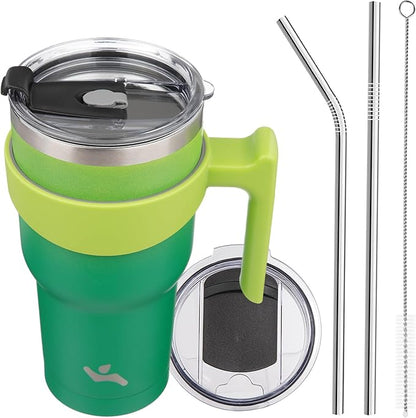 30 oz Tumbler with Handle and 2 Straw 2 Lid, Insulated Water Bottle Stainless Steel Vacuum Cup Reusable Travel Mug,Matcha Green