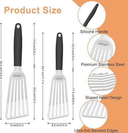POTWIY Fish Spatula Stainless Steel, 2 Pcs Metal Spatula Set for Kitchen and Grilling, Slotted Turner with Silicone Handle for Cast Iron Skillet, Cooking Utensils for Fish, Burger, Egg, 13.5" & 11.6"