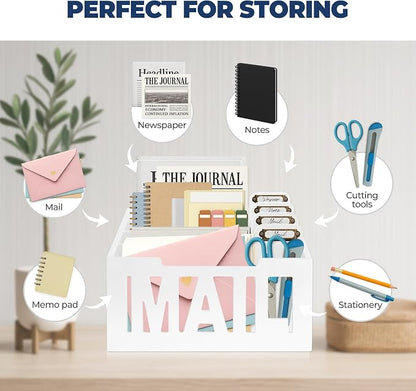 Mail Organizer Countertop – White Holder for Desk with 4 Slots & Label Tags, Decorative Desktop Sorter, Bill Storage and Envelope Tray for Organized Home Office Accessories (11x7x8 in)