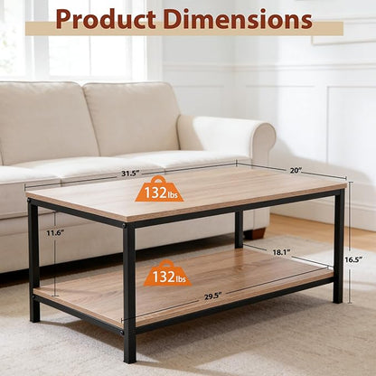 SUPER DEAL 2-Tier Industrial Coffee Table with Storage Shelf for Small Apartment Living Room, Rectangle Wood and Stable Metal TV Stand Side End Table, Natural Oak