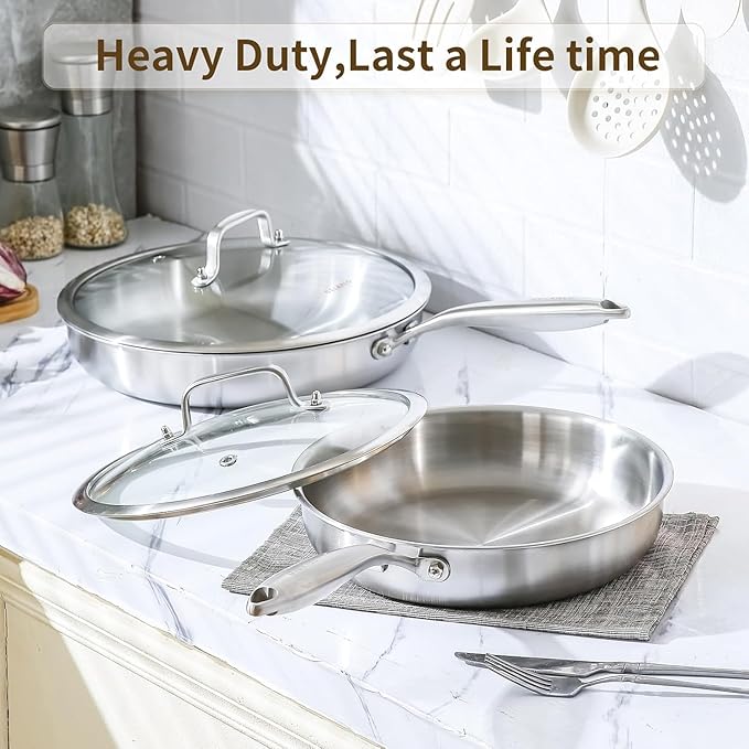 DELARLO 2-Piece Stainless Steel Pan 12-inch & 14-Inch, Frying Pan with Lid, Heavy Duty, Compatible with Induction, Electric up to 650℉, Fast & Even Heating, Durable, Dishwasher, Oven Safe Skillet