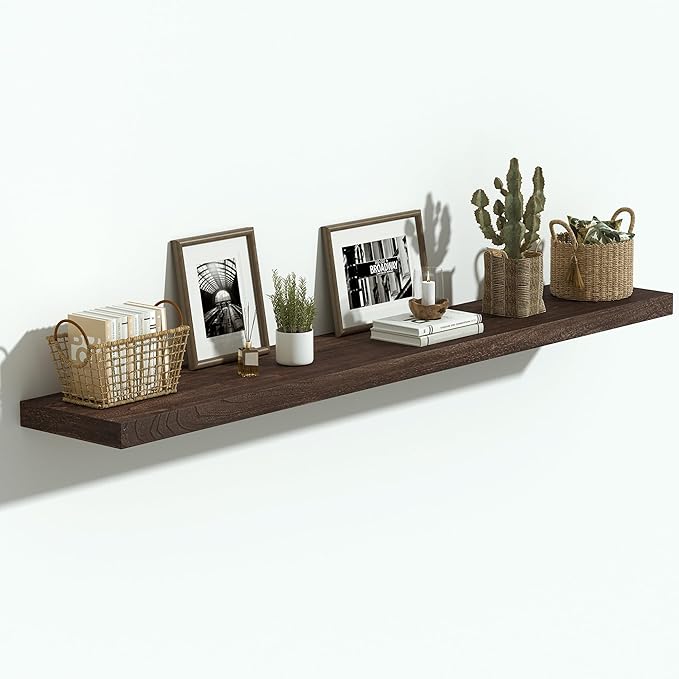Vivelove Elm Wood Floating Shelves, Wooden Shelves For Wall With Invisible Bracket For Living Room Bedroom Bathroom Office Book, Rustic Farmhouse Decor Storage & Display, 48 Inch Set Of 1- Dark Walnut