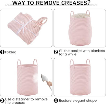YOUDENOVA Woven Rope Laundry Hamper, 58L Tall Luandry Basket, Baby Nursery Hamper for Blanket Storage in Bedroom-Large-Pink