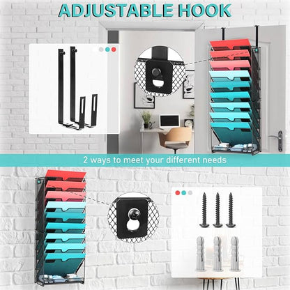 GALASALA Wall File Organizer, 10 Pockets Mesh Hanging File Organizer, Wall Mount File Holder With Hooks, Wall Organizer Magazine Rack for Office Supplies, Black