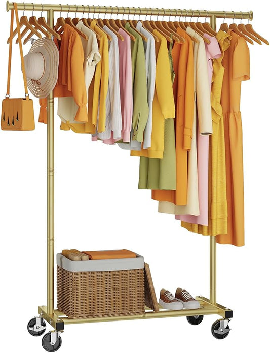 HYSEYY Clothes Rack, Clothing Rack for Hanging Clothes, Rolling Garment Rack Sturdy Coat Rack Portable Wardrobe Rack Metal Closet Rack for Bedroom Laundry Living Room, Warm Gold