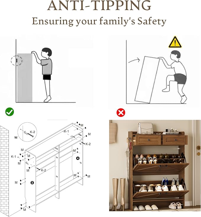 Shoe Storage Cabinet for Entryway, Farmhouse Narrow Shoe Cabinet with 2 Flip Drawers & Top Drawers, Adjustable Shelves & Hooks, Freestanding Hidden Rack Organizer for Hallway, Foyer