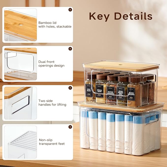 2-Pack Trash Bag Holder,Trash Bag Dispenser with Bamboo Lid, Stackable Acrylic Garbage Bag Dispenser for Under Sink Use in Kitchen, Laundry Room, and Pantry, Large Capacity Garbage Bag Holder