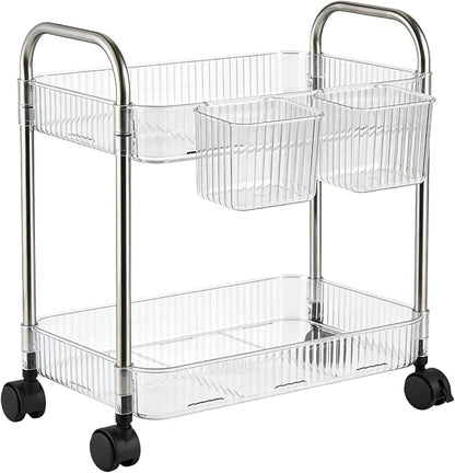 2 Tier Utility Rolling Cart with Wheels Sofa Side Table Small Under Desk Storage Organizer, Clear Acrylic Plastic Mobile Trolley Organization Storage Cart for Kitchen Pantry Bathroom Vanity