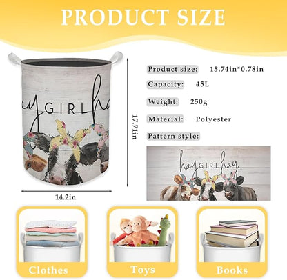HKTZM Farmhouse Cow Laundry Basket, Hay Girl Hay Waterproof Collapsible Laundry Hamper Dirty Clothes Storage Toy Bin Organizer for Girls Kids Room Bathroom Bedroom Nursery