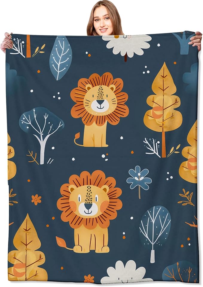Lion Blanket Cute Cartoon Jungle Tree Throw Blankets,Birthday Gifts for Kids Adult & Animal Lovers,Lightweight Soft Fleece,for Sofa Couch Bed Room Rustic Safari-Themed Decor 40x50in