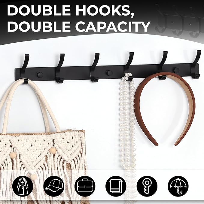 Dntorx Coat Rack Wall Mount, 2 Pack Coat Hooks Hanger Wall Double Hook Rack Rail Towel Hat Rack Entryway Bathroom Hanger Organizer for Robes, Clothes, Bags, Hat(Black)