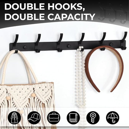 Dntorx Coat Rack Wall Mount, 2 Pack Coat Hooks Hanger Wall Double Hook Rack Rail Towel Hat Rack Entryway Bathroom Hanger Organizer for Robes, Clothes, Bags, Hat(Black)