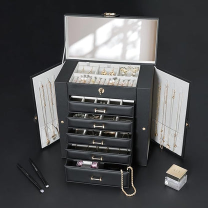 Large Jewelry Box,Jewelry Organizer Box with 5 Drawers,6-Tier Jewelry Holder Organizers Jewelry Storage Case with Mirror,Jewelry Boxes for Women (Black)