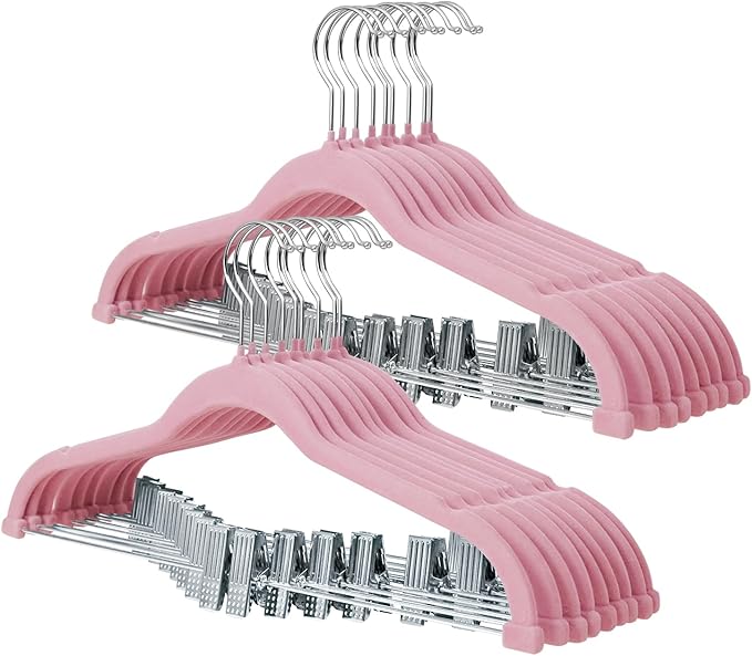 ManGotree Pants Hangers with Movable Clips, Non-Slip Velvet Skirt Hangers, Space-Saving Clothes Hangers for Pants, Skirts, Shirts, Coats, Dresses (18 Pack, Pink)