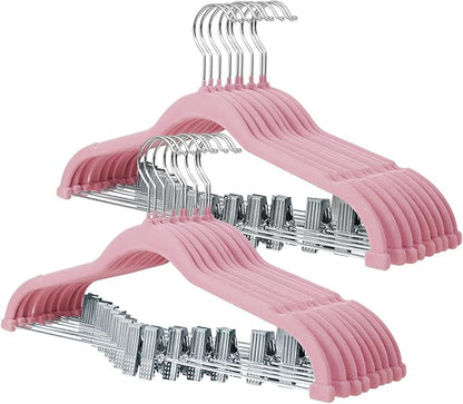 ManGotree Pants Hangers with Movable Clips, Non-Slip Velvet Skirt Hangers, Space-Saving Clothes Hangers for Pants, Skirts, Shirts, Coats, Dresses (18 Pack, Pink)