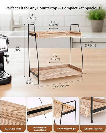 Coffee Bar Organizer for Countertop, 2-Tier Coffee Station Organizer with Metal Frame & Wooden Shelves, Coffee Accessories Organizer Rack for Pods, Syrups, Cups & Tea Bags (Brown)