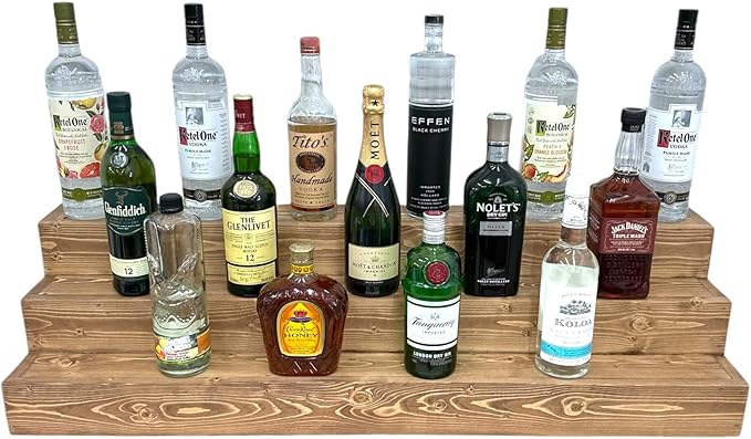 Handmade Tiered Display Shelving - Three Tier Bar Display - Bar Organizer - Liquor Bottle Display (42" with Back, Special Walnut)