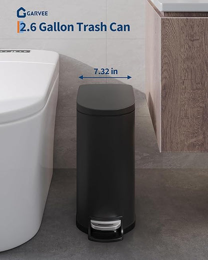 Garvee 13 gal (50 L) and 2.6 gal (10 L) Metal Trash Can Combo Set, Rustproof Garbage Can with Lid, Step-on Trash Bin with Inner Bucket, Rear Handle, Black