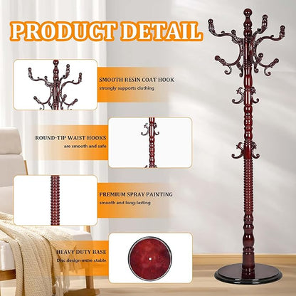Solid Birch Wood Cloth Tree with Hooks, Coat Rack Freestanding with Adjustable Height 37.4’’-72.83’’, Wooden Freestanding Coat Rack for Entrance, Office, Living Room, Bedroom, Corridor
