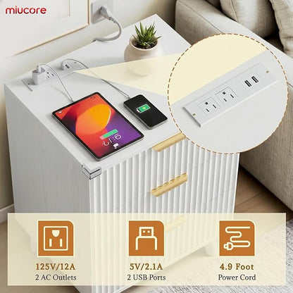 White Nightstand, 20 inch Fluted Modern Night Stand with Charging Station, Wooden Side Table with 3 Large Storage Drawers Modern Wood Bedside End Table for Bedroom Sofa Office