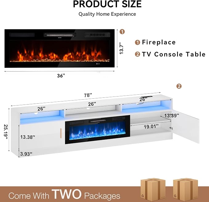 MXV 78" Fireplace TV Stand with Power Outlet for TVs UP to 90", Electric Fireplace Entertainment Center with LED Lights & Storage Cabinets, TV Console for Living Room, Office, White-Black