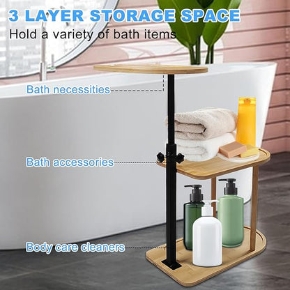 3 Layer Bath Tub Tray Table Liftable Freestanding Bamboo Bath Tray Caddy for Tub Against Wall Shelf Bathroom Organizer Shelf for Luxury Spa (Oval)