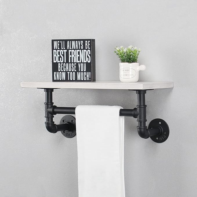 MBQQ Industrial Pipe Shelf Bathroom Shelves Wall Mounted,19.6in Rustic Wood Shelf with Towel Bar,1 Tier Farmhouse Towel Rack,Pipe Shelving Floating Shelves Towel Holder,Black & White