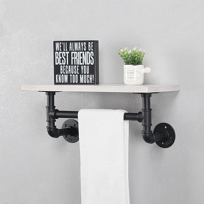 MBQQ Industrial Pipe Shelf Bathroom Shelves Wall Mounted,19.6in Rustic Wood Shelf with Towel Bar,1 Tier Farmhouse Towel Rack,Pipe Shelving Floating Shelves Towel Holder,Black & White