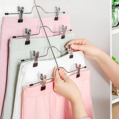 TOPIA HANGER 4 Tier Metal Skirt Hangers for Women, Pants Hanger Space Saving with Adjustable Clips, Gain 70% More Space, Non Slip Grip for Slacks, Trousers, Shorts, Jeans, Towels, Black, 4-Pack, CT61B