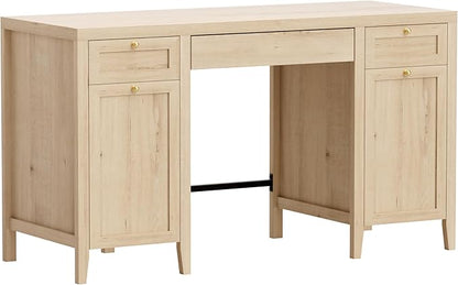 52" Executive Desk with Storage Drawer, Farmhouse Home Office Desk with Storage Cabinet Wood Computer Writing Desk for Study Office, Light Oak