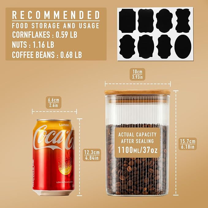 37oz Airtight Glass Square Storage Canisters with Bamboo Lids Set of 4 (1100ml) Striped Stackable Containers, Decorative Kitchen Jars for Tea, Nuts and Coffee (‎with Black Lable)